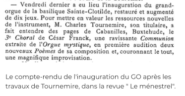 Le compte-rendu de l'inauguration du GO après les travaux de Tournemire, dans la revue " Le ménestrel".